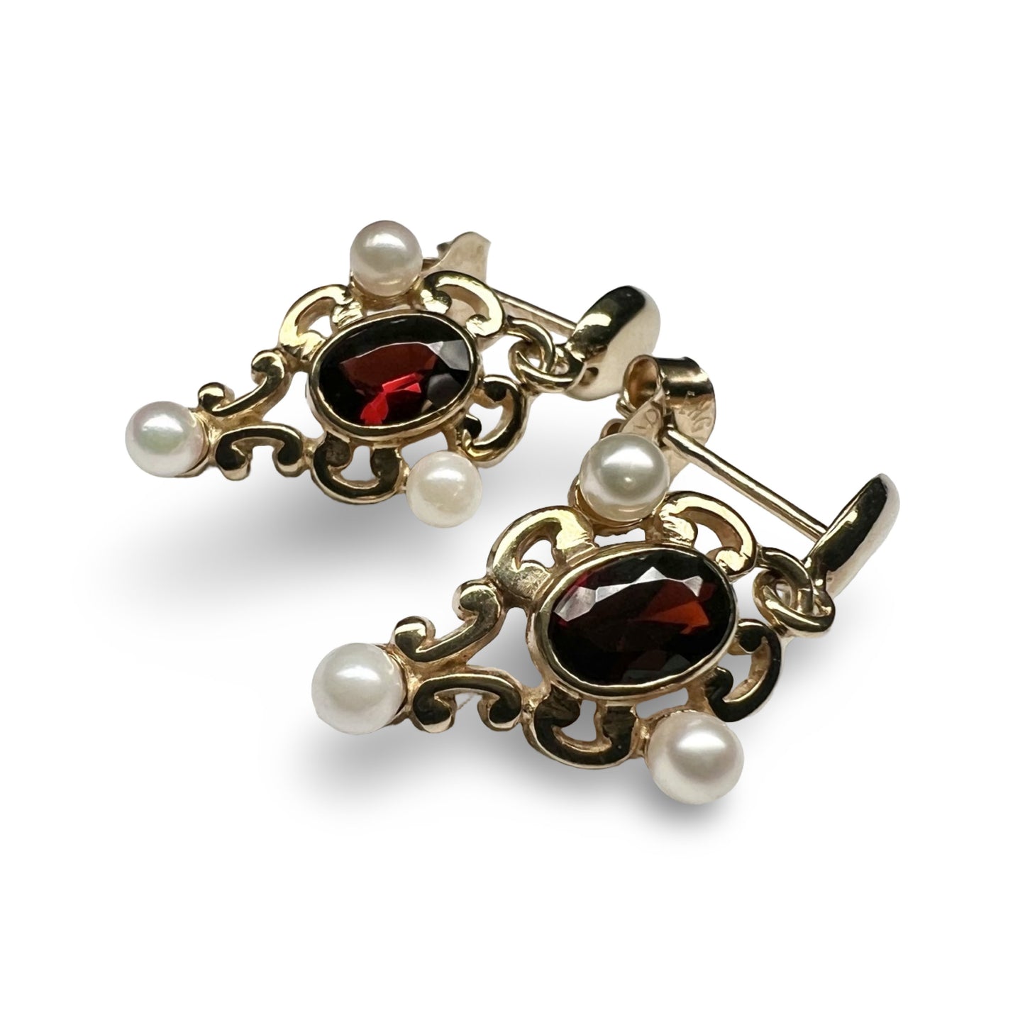Vintage 9ct Gold Garnet and Pearl Drop Earrings