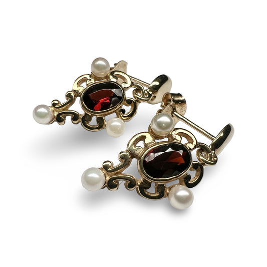 Vintage 9ct Gold Garnet and Pearl Drop Earrings